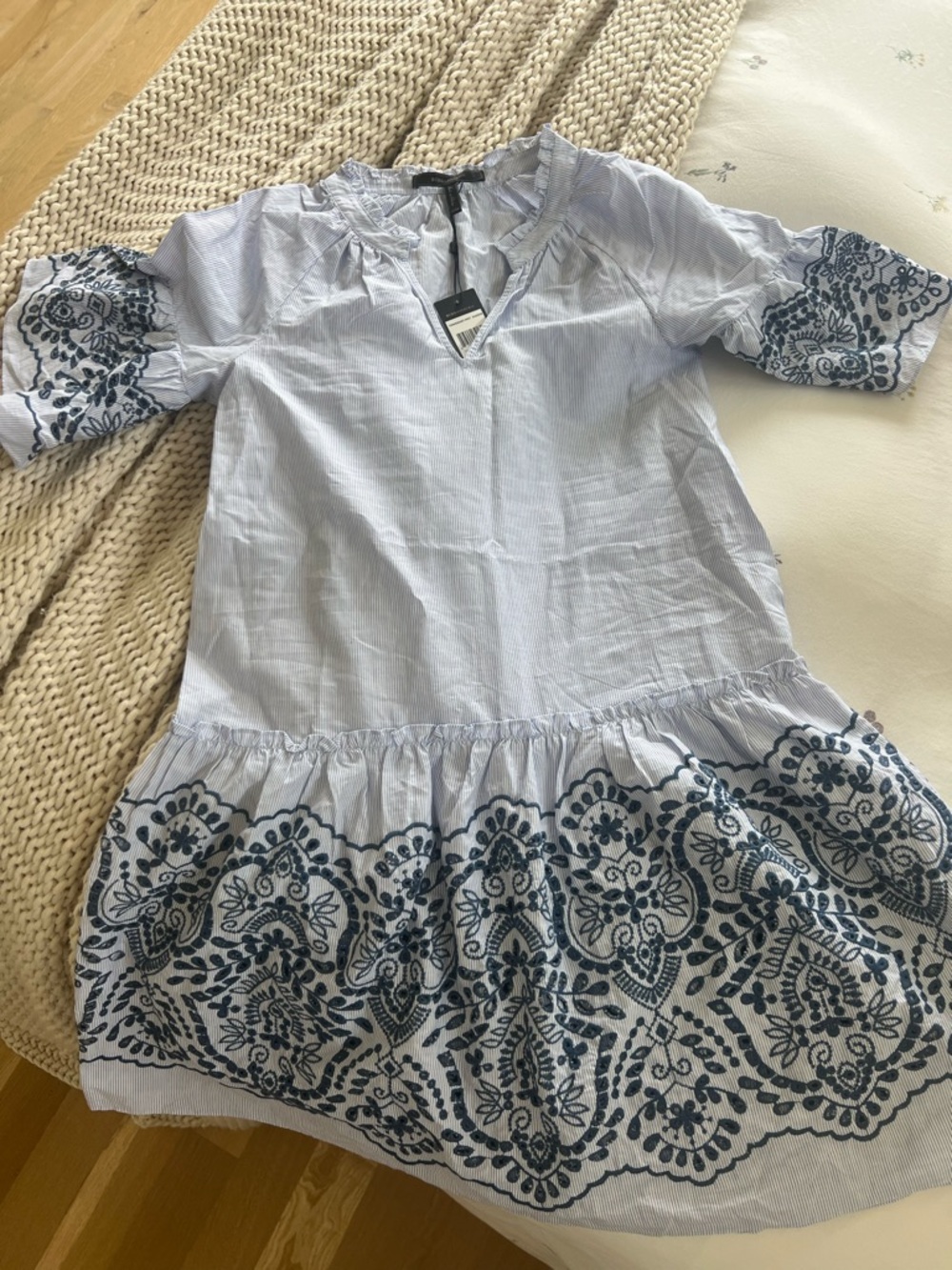 BCBGMaxAzria Blue & White Striped Ruffled Neck Blouse